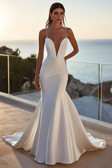 Vestido de novia largo de satén con tirantes de espagueti de sirena